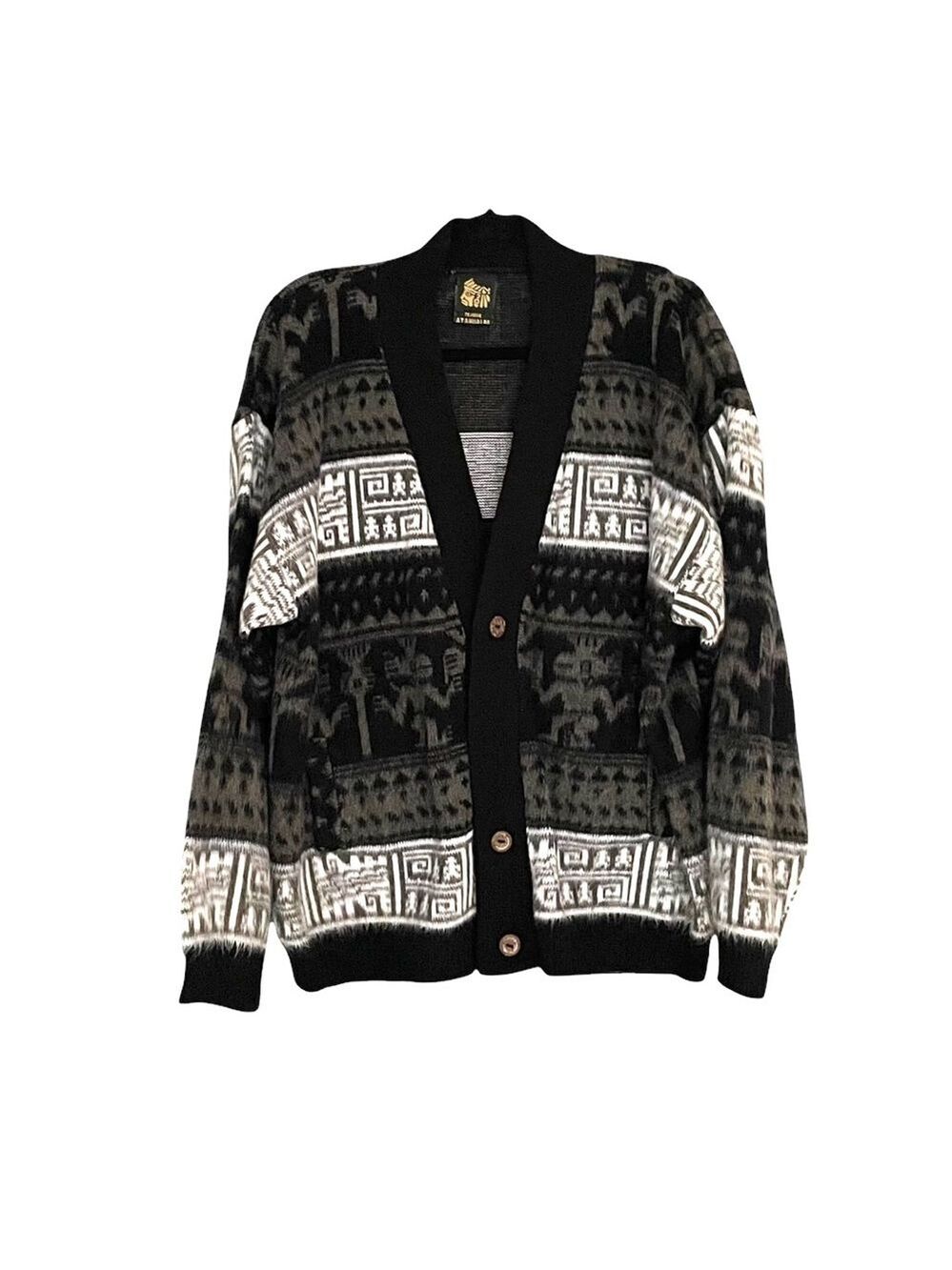TEJIDOS ATAHUALPA Ecuador Wool Button Front Cardigan Sweater Gray Black XL